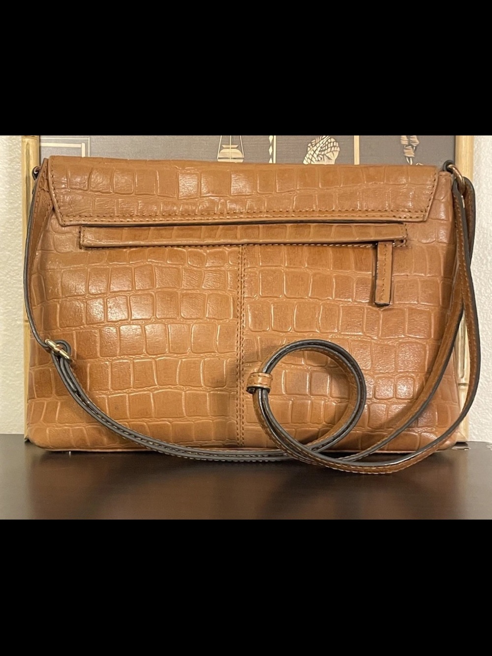 Ashwood Cognac Croc Embossed Leather East West Small Crossbody Bag Purse - Picture 4 of 10